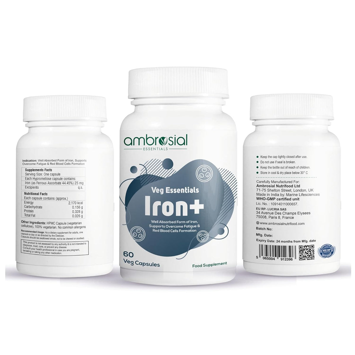 Three bottles of ambrosial Veg Essentials Iron+ supplement on a white background