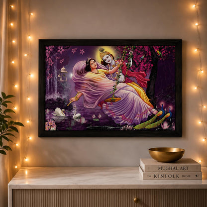 Beautiful Swinging Radha Krishna Art Framed Painting | Ready to Hang (Wooden frame, 12inch x 18 inch)