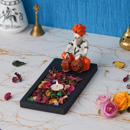 Orange White Resin Lord Ganesha Statue Playing Tabla Showpiece Potpourri Rectangle Tea Light Candle Holder|Ganpati Murti Tea Light Holder Diwali Decoration Items for Home Decor|Diwali Gift