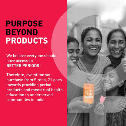Advertisement for Sirona period products with a pink background and text about access to better periods.