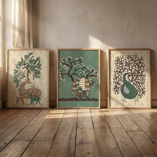 Set of 3 Folk Art Animal Wall Paintings for Living Room Bedroom Home Decor with Premium Wooden Color Synthetic Frame, Traditional Artwork (13.5 x 19.5 Inch) NM03-55
