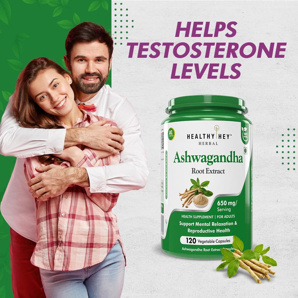 Couple embracing with a bottle of Healthy Hey Ashwagandha Root Extract on a green and white background