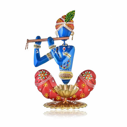 Home Decor Items - Home Decoration Gift for Living Room - House Warming Wedding Gift - Metal Krishna Showpiece - Handpainted Flute Krishna for Gift