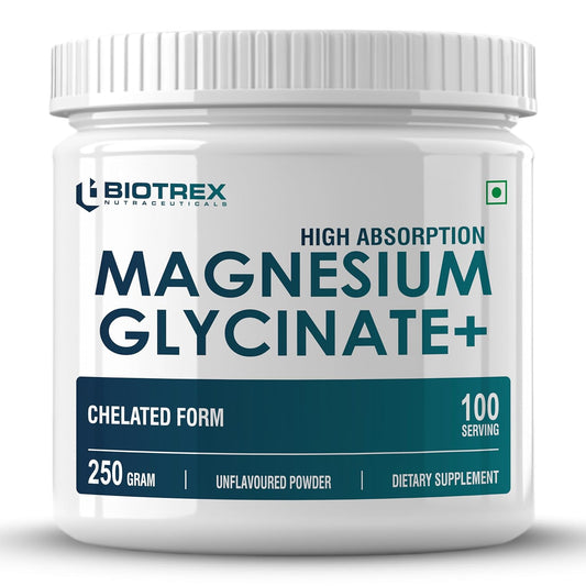Biotrex Nutraceuticals Magnesium Bisglycinate Powder | Sleep, Cramps, Nerve & Muscle Health | Mood Balance & Energy Production | High Absorption - 250Gram (100 Servings)