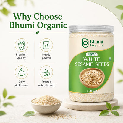 Bhumi Organic Raw White Sesame Seeds 500gm | 100% Clean and Natural White Til, Safed Til Seeds for Eating, Non-GMO, Antioxidant Rich