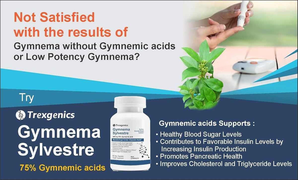 Advertisement for Trexgenics Gymnema Sylvestre with product image and text about benefits.