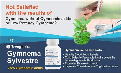 Advertisement for Trexgenics Gymnema Sylvestre with product image and text about benefits.