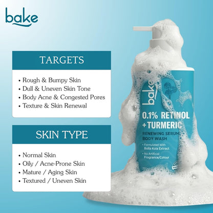 BAKE 0.1% Retinol & Turmeric Renewing Serum Body Wash for Anti Aging | Boosts Collagen Production, Increases Skin Elasticity & Reduce Fine Lines & Wrinkles | For Women & Men | 300ml