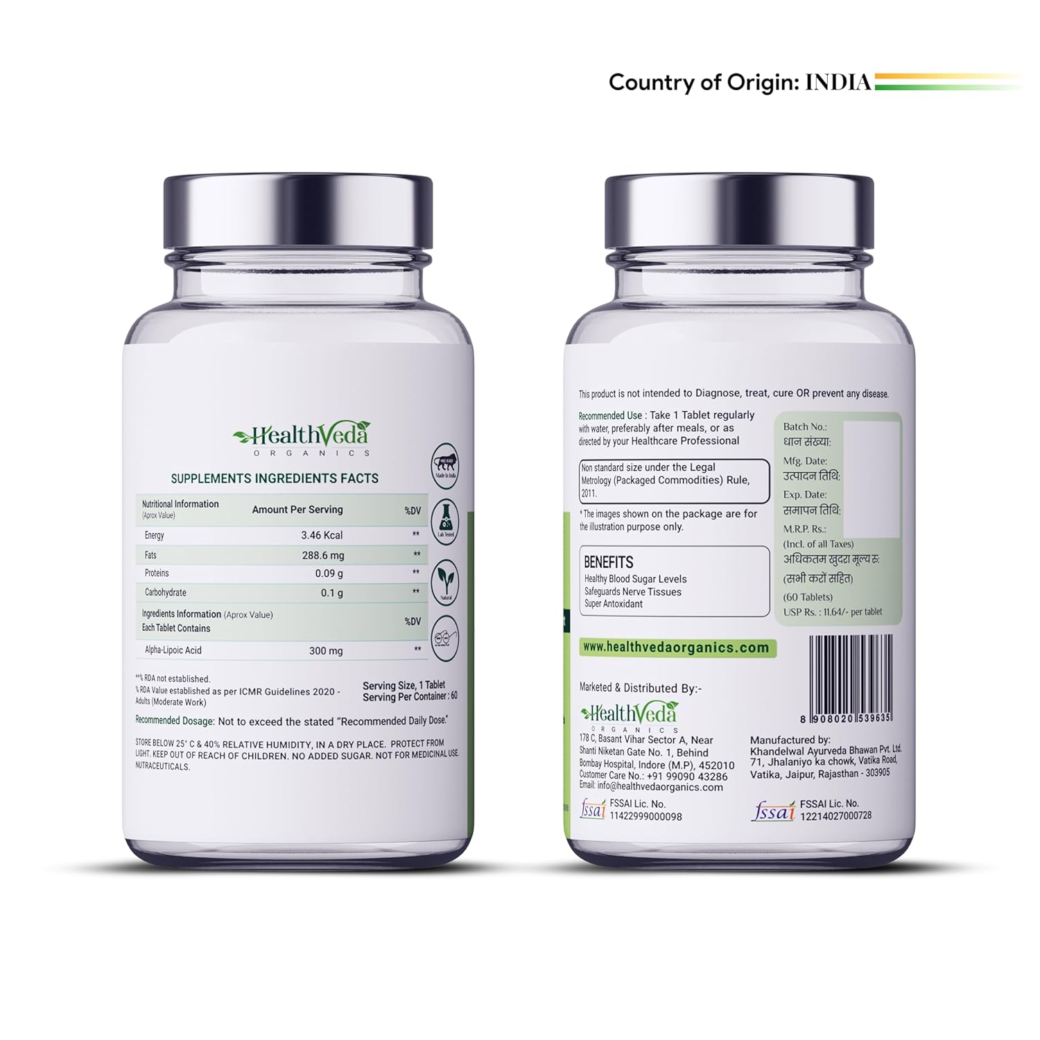 Zephivo HEALTH VEDA ORGANICS PRIVATE LIMITED Alpha Lipoic Acid 300Mg | 60 Veg Tablets | Boosts Liver Function, Maintains Healthy Blood Sugar, Antioxidant Support | For Both Men & Women
