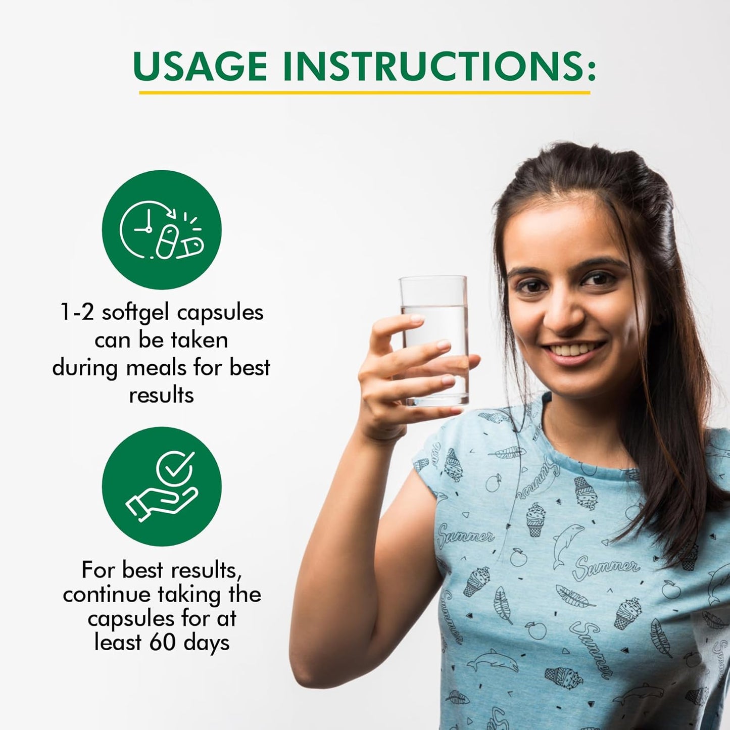 Woman holding a glass of water with usage instructions for softgel capsules on a white background
