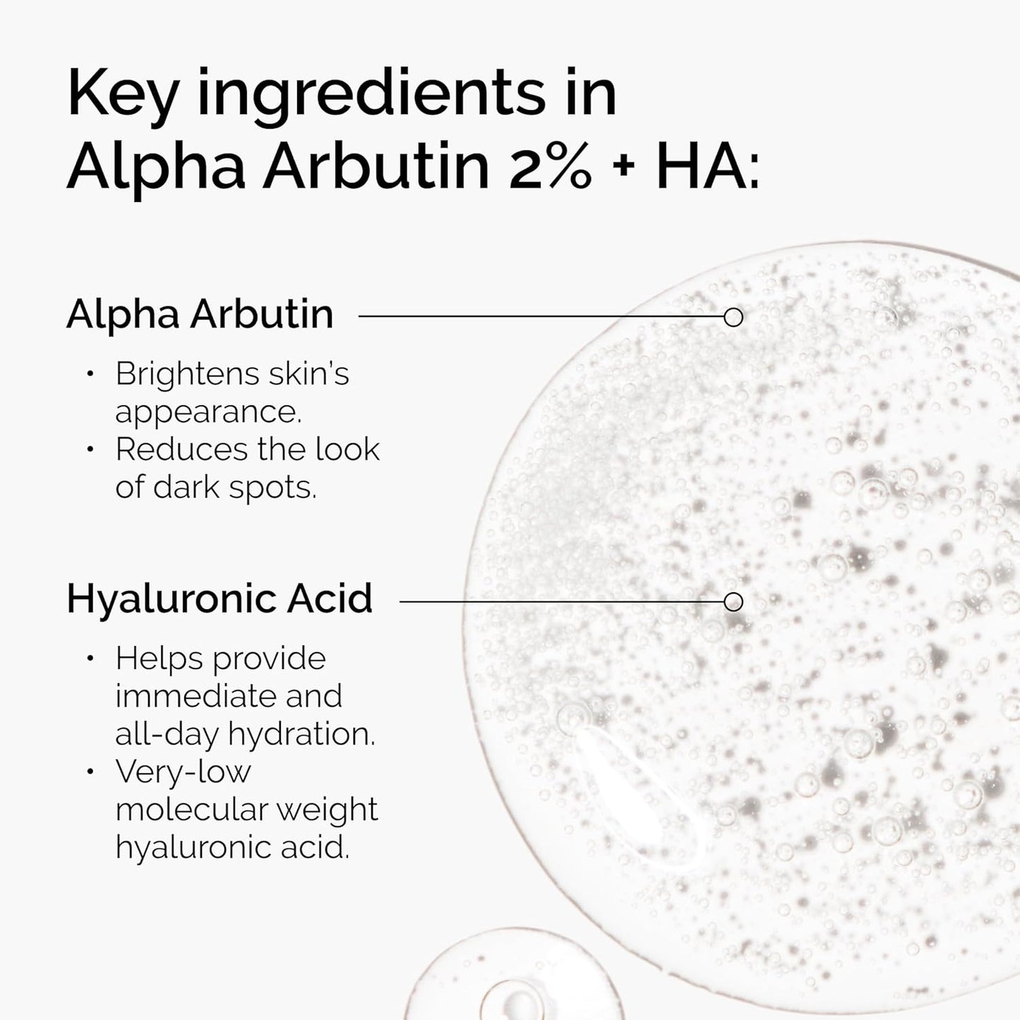 Diagram of Alpha Arbutin 2% + HA with text describing key ingredients and their benefits.