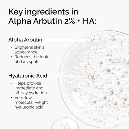 Diagram of Alpha Arbutin 2% + HA with text describing key ingredients and their benefits.