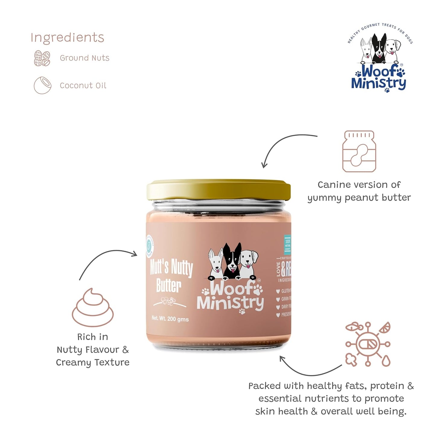 Woof Ministry Mutt's Nutty Butter for Dogs I Freshly Made & Ready to Serve I Healthy Meal Topper & Supplements I Preservative FreeI I Savory and Flavorful Treat I Delightful and Nutritious Supplement
