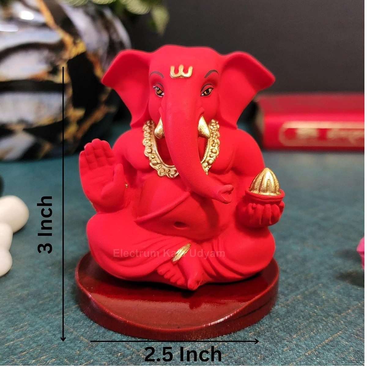 Handcrafted Poly Resin Ganesha Statue with Base - Perfect for Car Dashboard, Office Desk, Shelves, and Home Decor - Ideal Housewarming Gift! (RedAppuwithbase)
