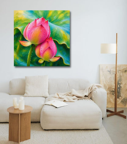 Lotus Flower Painting for Wall Vastu (15+ DESIGNS) Framed Lotus Canvas Painting for Living Room, Bedroom | Nature Floral Wall Art with Multiple Design Variations (Dark Pink Lotus, 18x18 Inch, Framed)