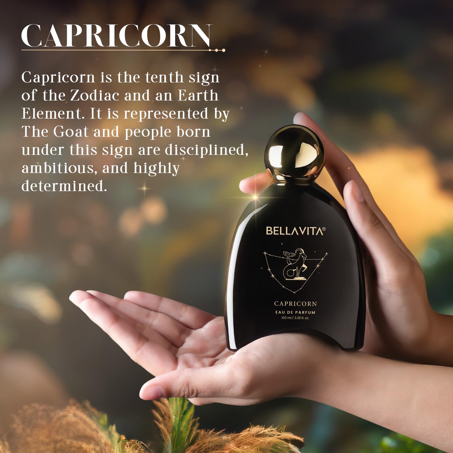 Bellavita Capricorn perfume bottle held in hands with zodiac information text.