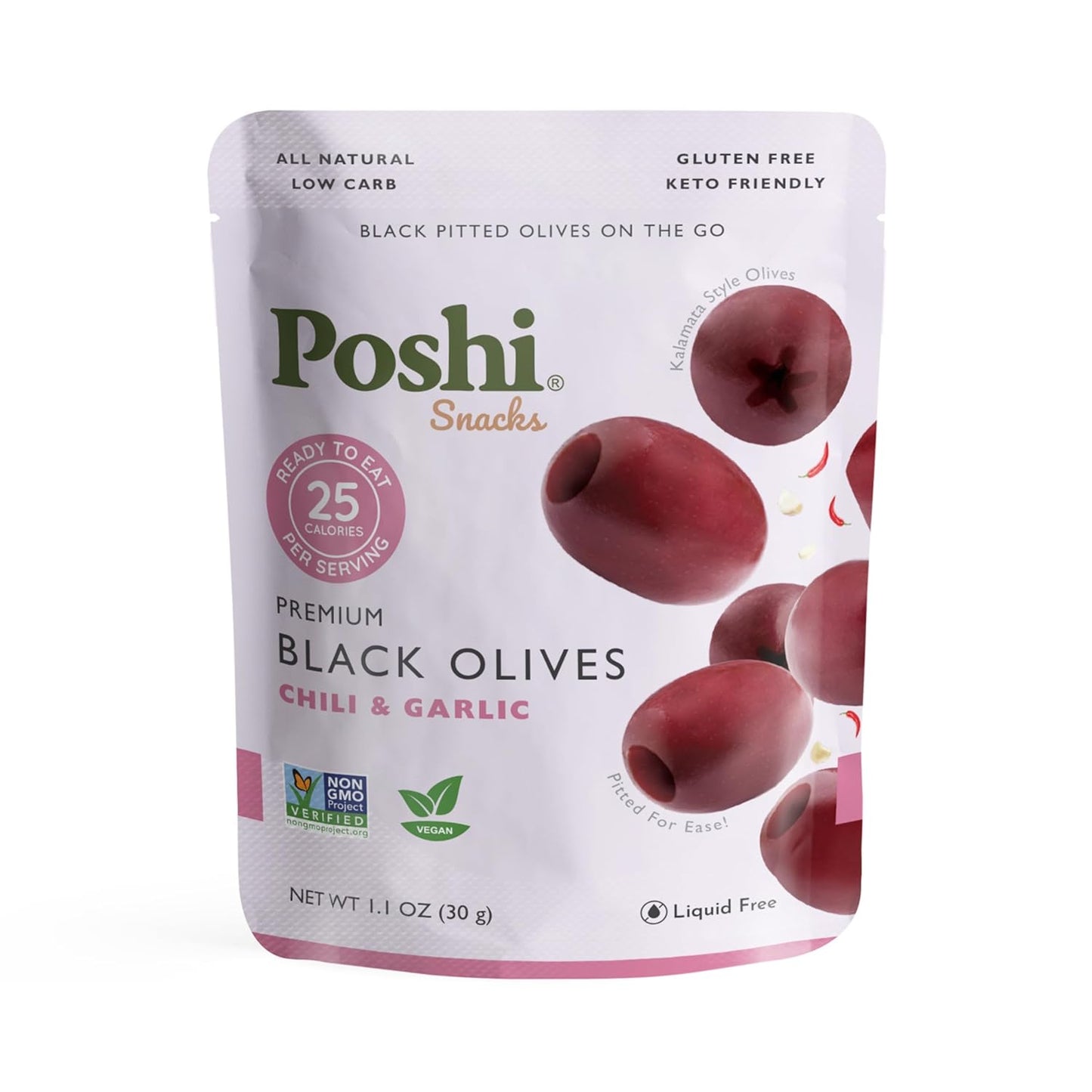 Poshi Green Olives On-The-Go - Single Serve Pitted Olives - Convenient and Healthy Snack Packs - All Natural, Non-GMO, Kosher, Gluten-Free - 1.1 Oz