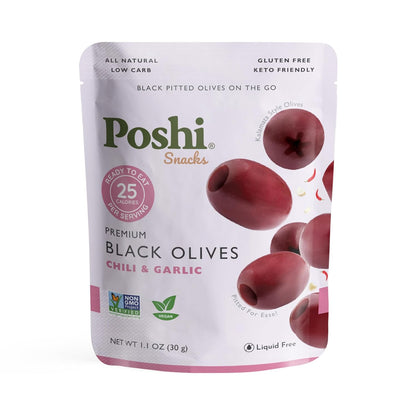 Poshi Green Olives On-The-Go - Single Serve Pitted Olives - Convenient and Healthy Snack Packs - All Natural, Non-GMO, Kosher, Gluten-Free - 1.1 Oz