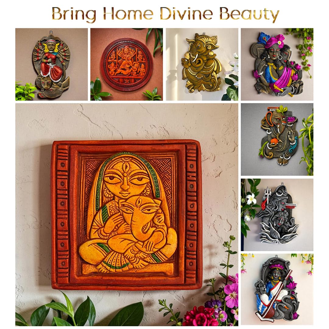 Maa Durga with Ganesh Terracotta Wall Hanging Idol Murti Decor | Devi MATA & Ganesha Janani Decor | Spiritual Art for Temple, Home & Office Decor | Spiritual Gift (14x14CM)