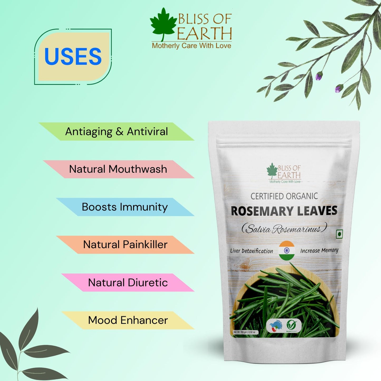 Bliss of Earth Dried Rosemary Leaves Certified Organic Rosmarinus Officinalis Great for Tea, Cooking, Hair & Memory 50GM