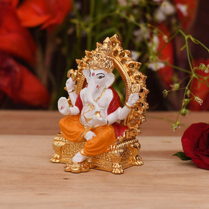 Gold Plated Ganesha Idol Statue for Gift - God Ganesh Ganpati Sitting Idols Sculpture Good Luck & Success for Home Puja Gifts (Size 3.5 x 2 Inches)
