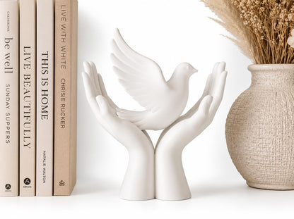 Dove in Hands Decor Sculpture, White Matte Finish, 13 cm Height, Plastic Peace Symbol Statue, Modern Home Decor Accent for Living Room, Office Desk, Bookshelf & Gift