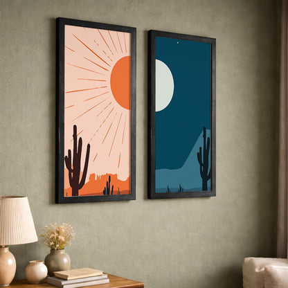 Minimalist Desert Wall Art Set of 2 Framed Prints | Sun & Moon Cactus Landscape Posters with Frames, Boho Neutral Abstract Nature Wall Decor, Scandinavian Aesthetic Artwork for Living Room, Bedroom, Office, Wall Hanging Frame (Art-12, 10x19inch, Wooden)
