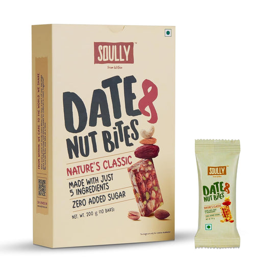 SOULLY Nature's Classic Date & Nut Mini Energy Bars 200g (10 Bars x 20g), Whole Dates, Almonds, Cashews, Pistachios & Cow Ghee, 93 Calories Per Bar, No Added Sugar, No Preservatives
