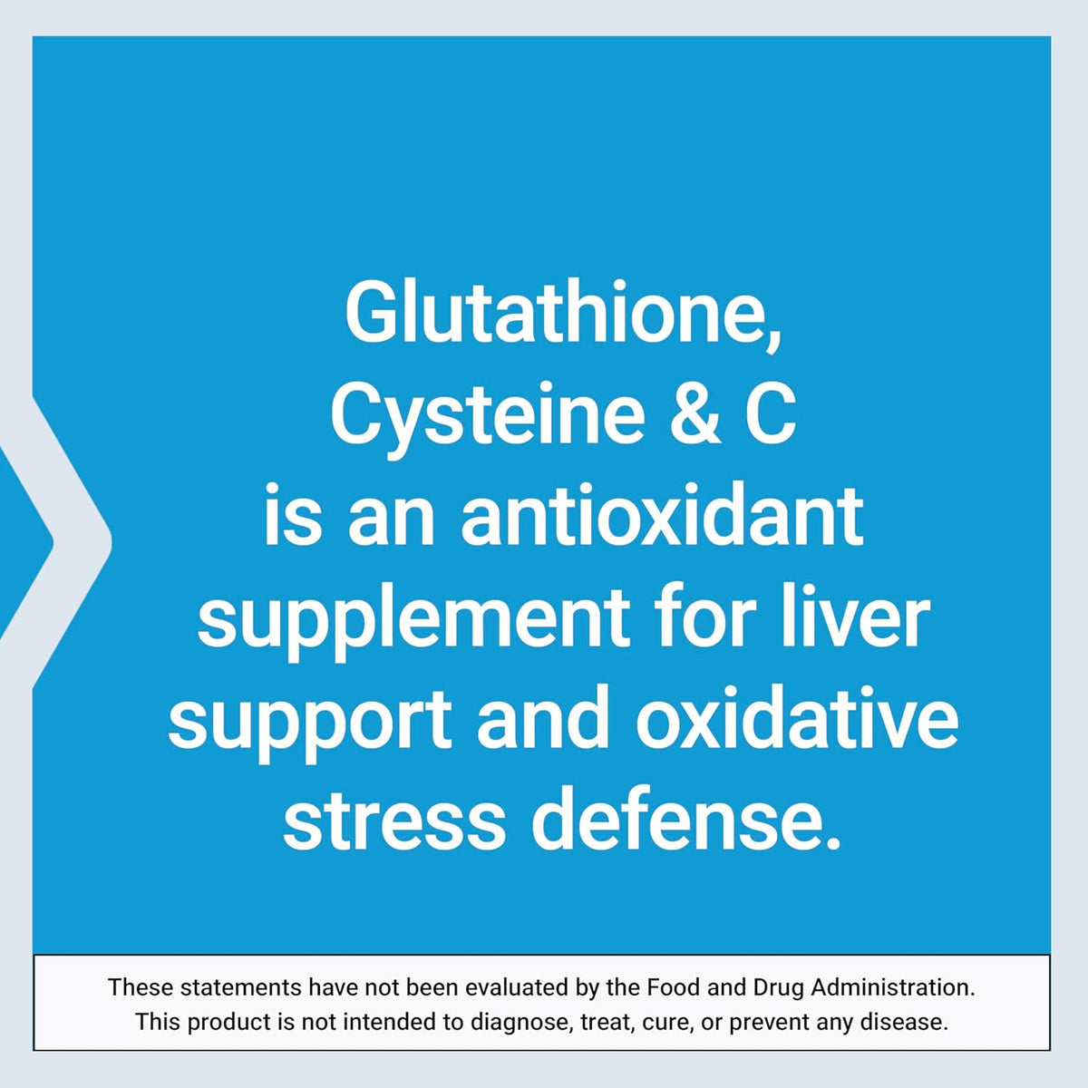 Text on a blue background about glutathione, cysteine, and C as an antioxidant supplement for liver support.