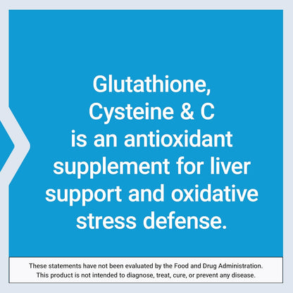 Text on a blue background about glutathione, cysteine, and C as an antioxidant supplement for liver support.