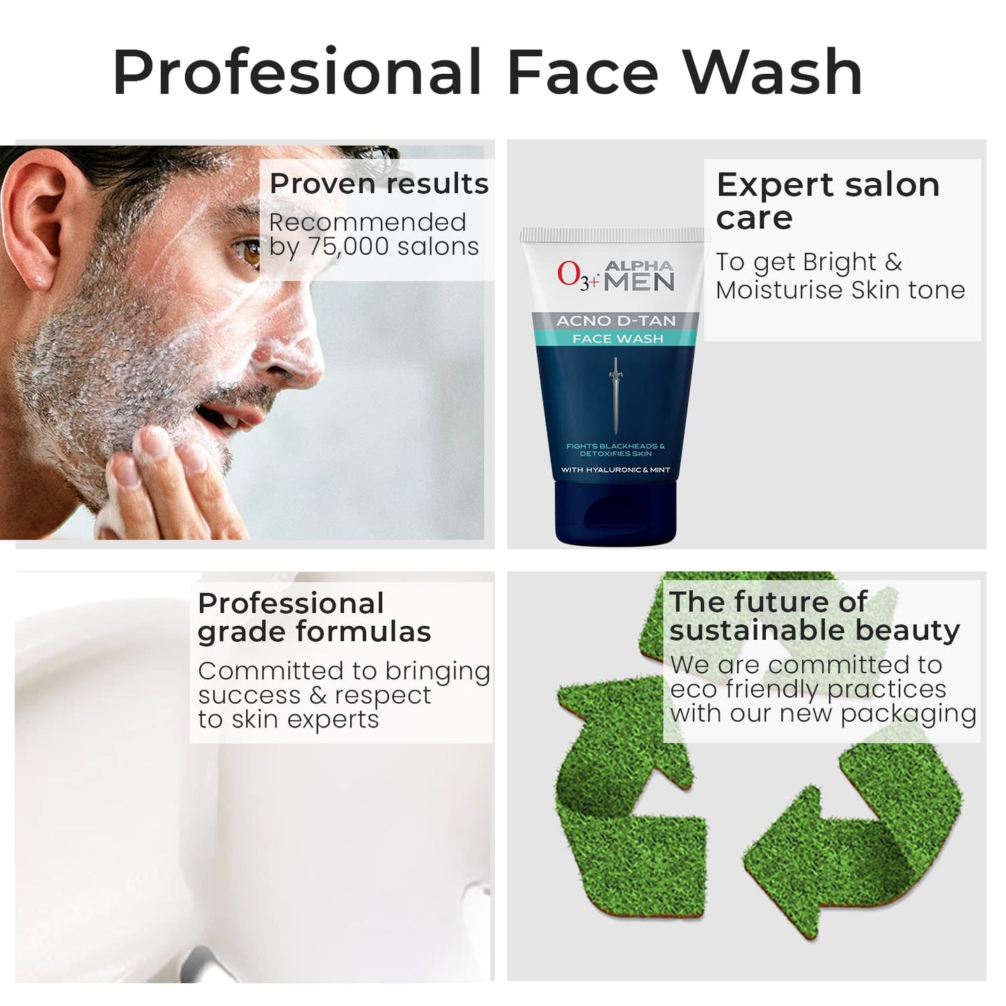 O3+ ALPHA MEN Acno D-TAN Face Wash with Hyaluronic & Mint | Fights Blackheads & Detoxifies Skin, 50ml