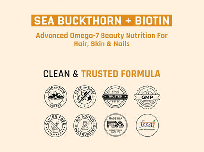 Promotional graphic for Sea Buckthorn + Biotin product with certification logos on a beige background