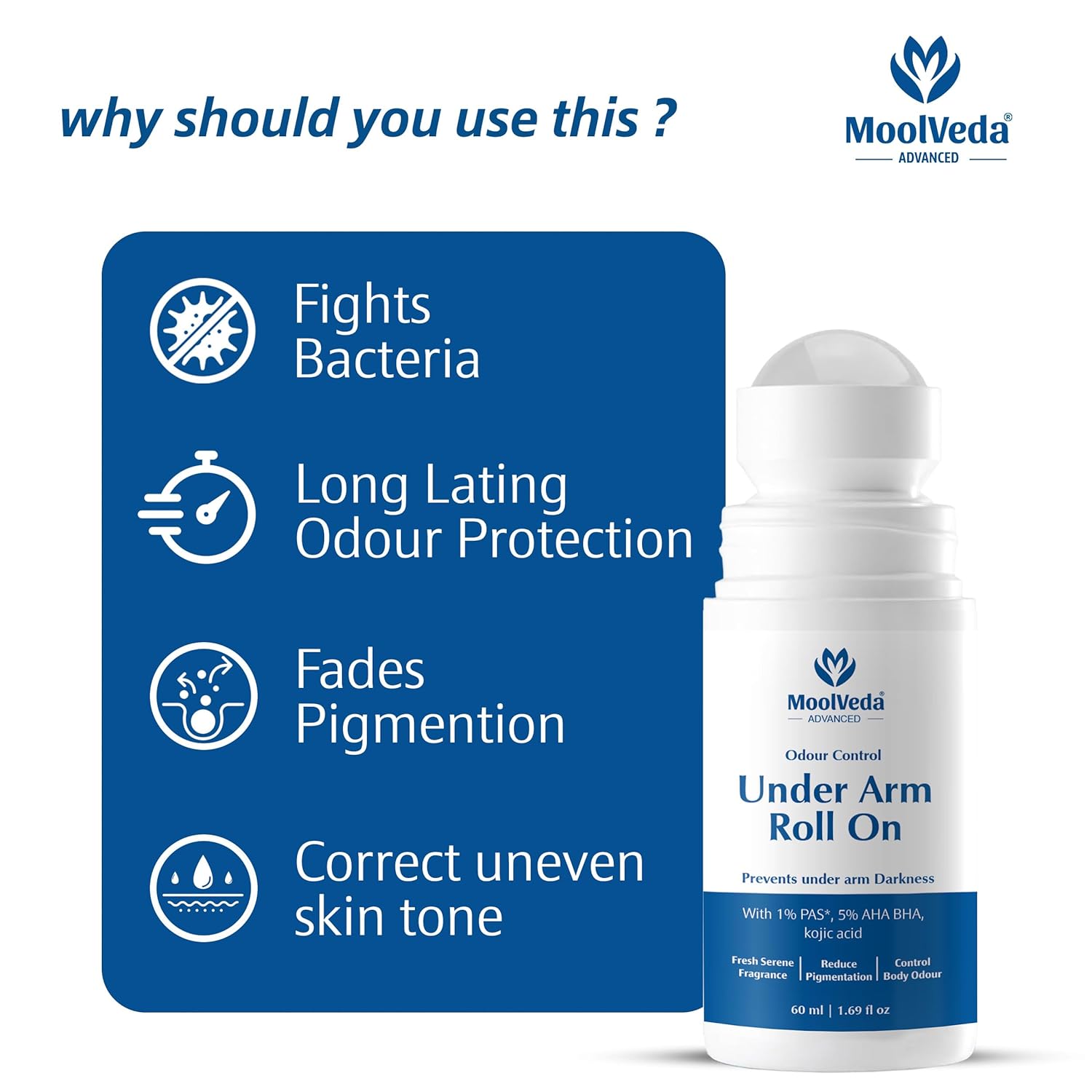 MoolVeda Under Arm Roll On with features on a blue background
