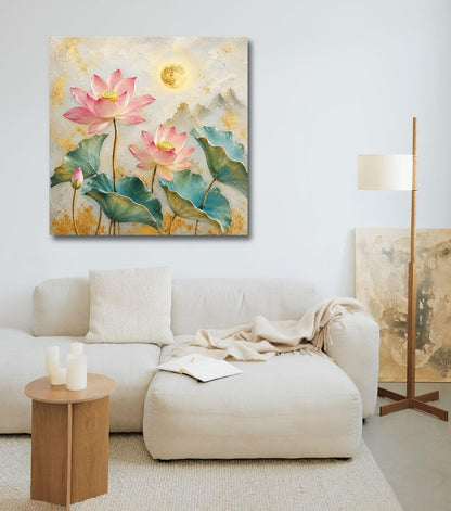 Lotus Flower Painting for Wall Vastu (15+ DESIGNS) Framed Lotus Canvas Painting for Living Room, Bedroom | Nature Floral Wall Art with Multiple Design Variations (Pink Multi Lotus, 18x18 Inch, Framed)