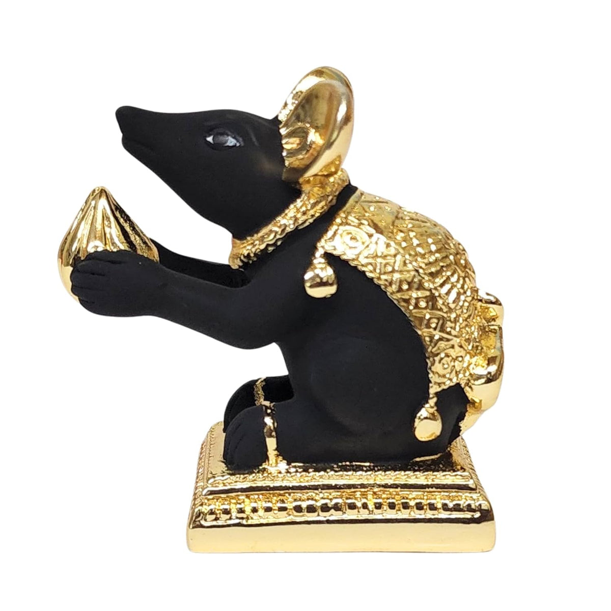 Gold Art India Gold-Plated Mushak (Mooshak) Mouse with Modak | Black Terracotta Finish | Mouse Idol | Vehicle (Vahana) of Lord Ganesha | 2.5 Inch Height | Home Decor, Mandir Pooja Room, Office Desk