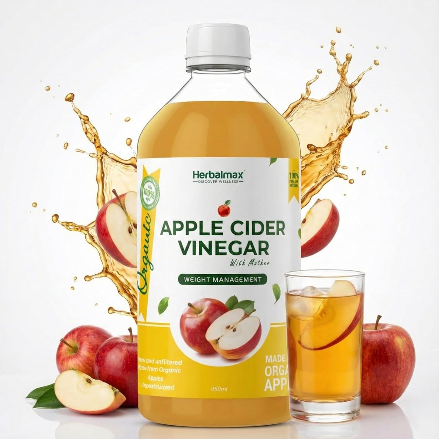 Herbal Max Unfiltered Apple Cider Vinegar with the Mother – 450mL | Raw & Unpasteurized | Supports Weight Management, Digestion & Bloating Relief