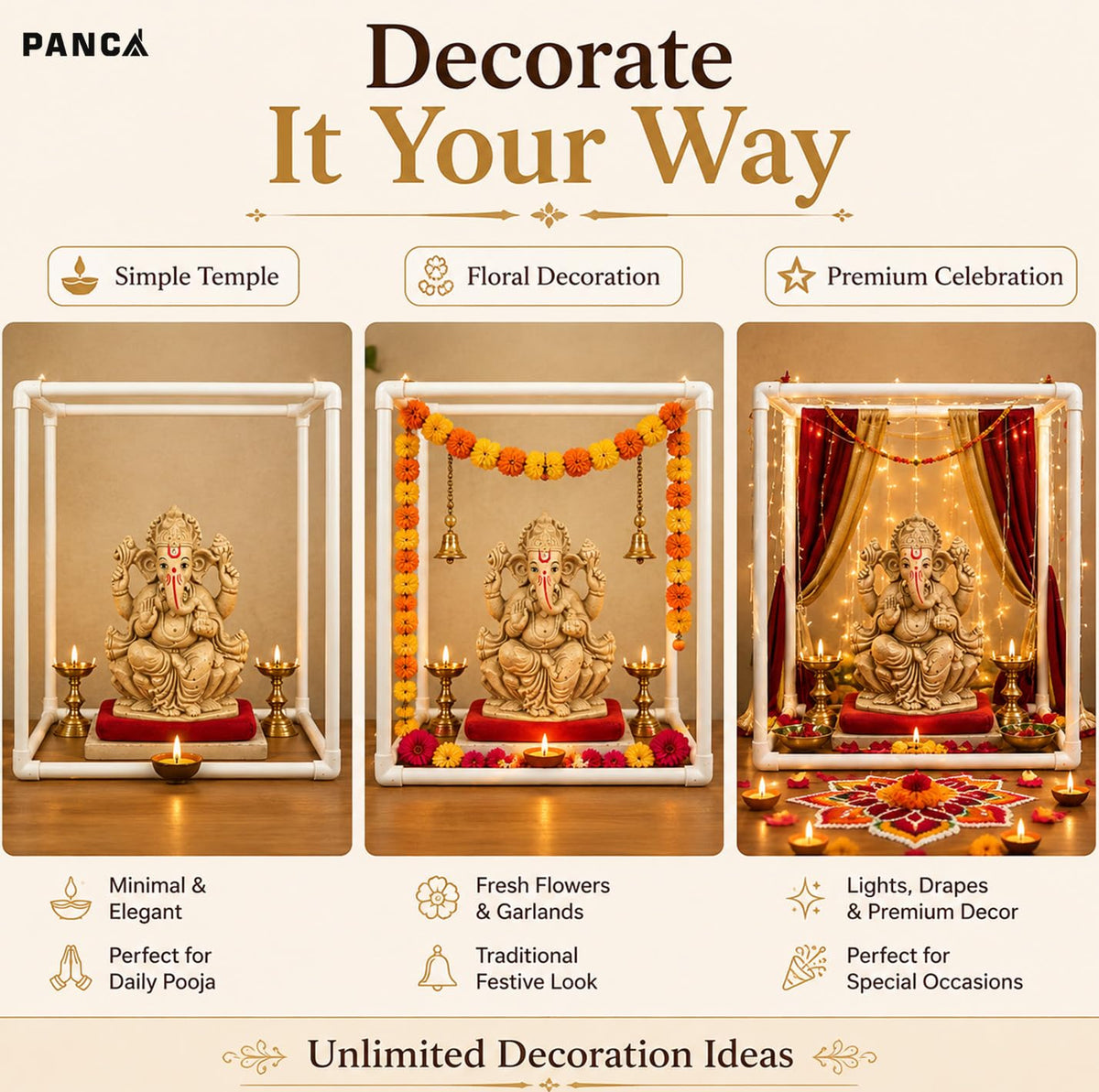 PANCA 40cm Ganpati Mandap for Ganesh Chaturthi Idol Home Decor | Ganesh Murti Sthapana Stand | DIY Pooja Pandal Backdrop Frame Setup | Home Temple Decoration Platform