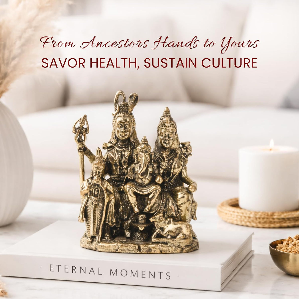 Handcrafted Brass Shiv Parivar Idol | Lord Shiva, Goddess Parvati & Lord Ganesha Murti for Home Temple & Pooja Room (Design04: L4 x W3 x H6 cm)
