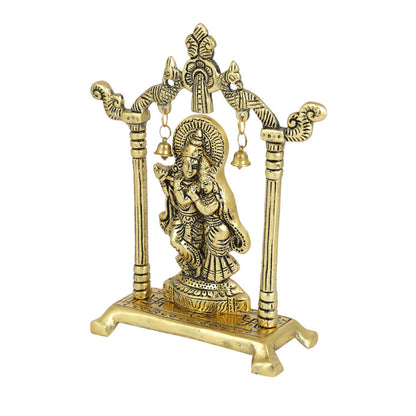 Metal Lord Krishna Swing Statue with Antique Gold Finish & Bells - Spiritual Krishna Idol for Home Décor, Mandir Decoration, 6-Inch Brass Religious Sculpture