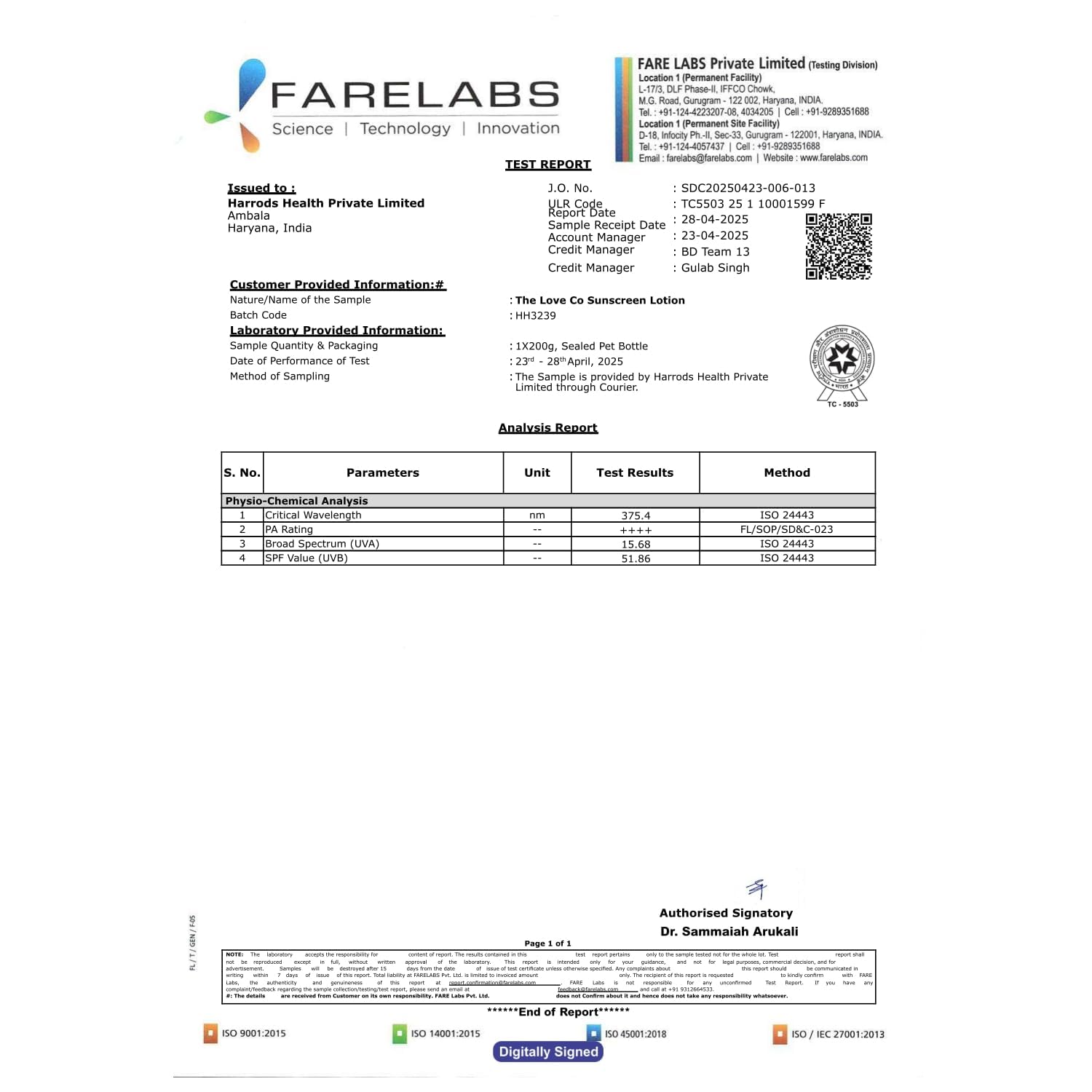 Test report from Fare Labs with various details and a QR code on a white background
