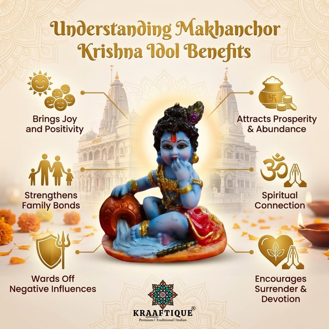 Bal Krishna Makhan Chor Idol 4 Inch | Kanha Ji Murti Marble Dust Statue | Bal Gopal Thakur Ji for Home Temple, Pooja Mandir Decor | Janmashtami Gift & Housewarming Decoration