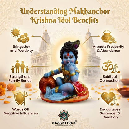 Bal Krishna Makhan Chor Idol 4 Inch | Kanha Ji Murti Marble Dust Statue | Bal Gopal Thakur Ji for Home Temple, Pooja Mandir Decor | Janmashtami Gift & Housewarming Decoration