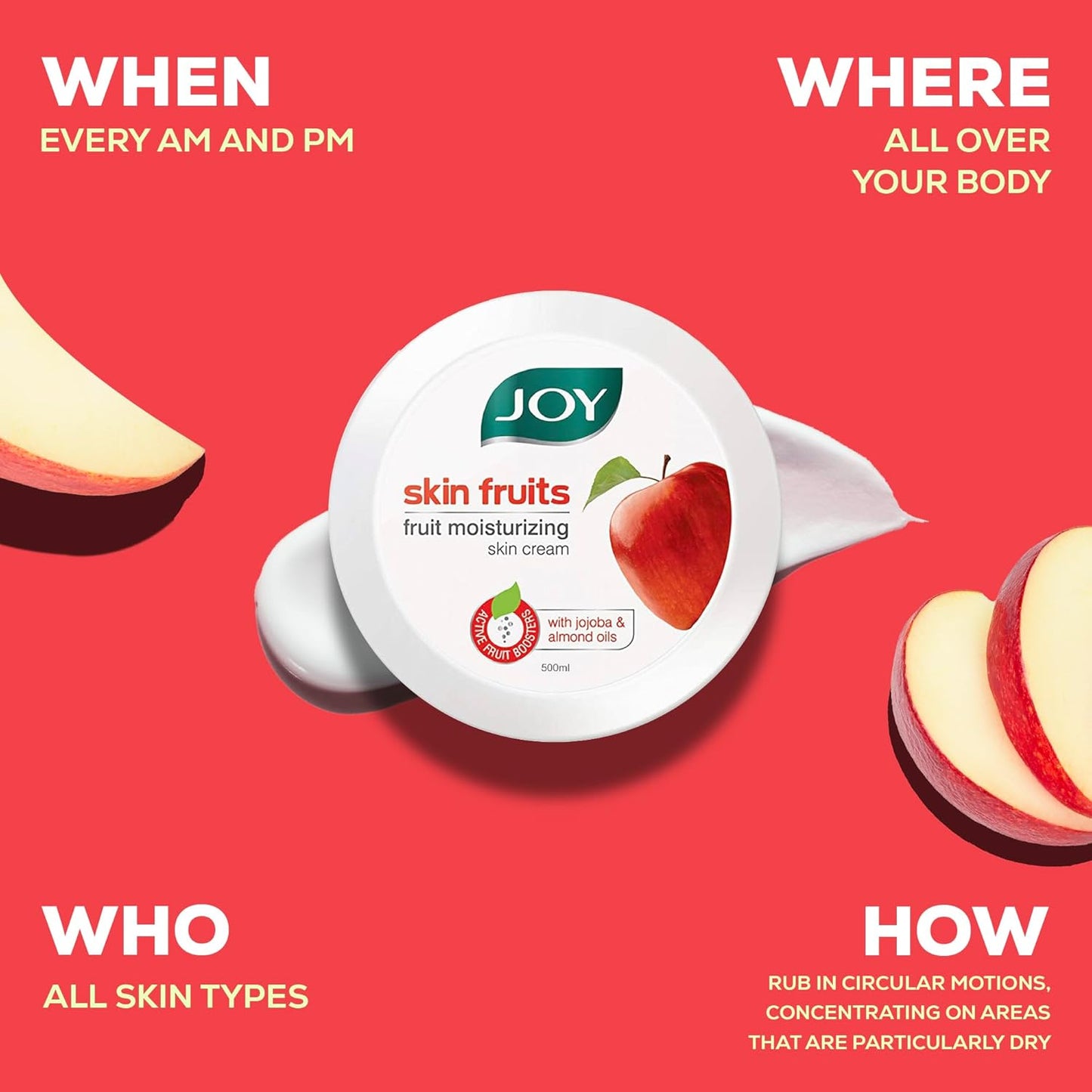 Joy Skin Fruits Moisturizing Skin Cream With Apple, Jojoba & Almond Oil (500ml) | Quick Absorbing & Non Sticky Moisturizer for Face, Hands & Body | Cold Cream For Healthy, Soft & Glowing Skin