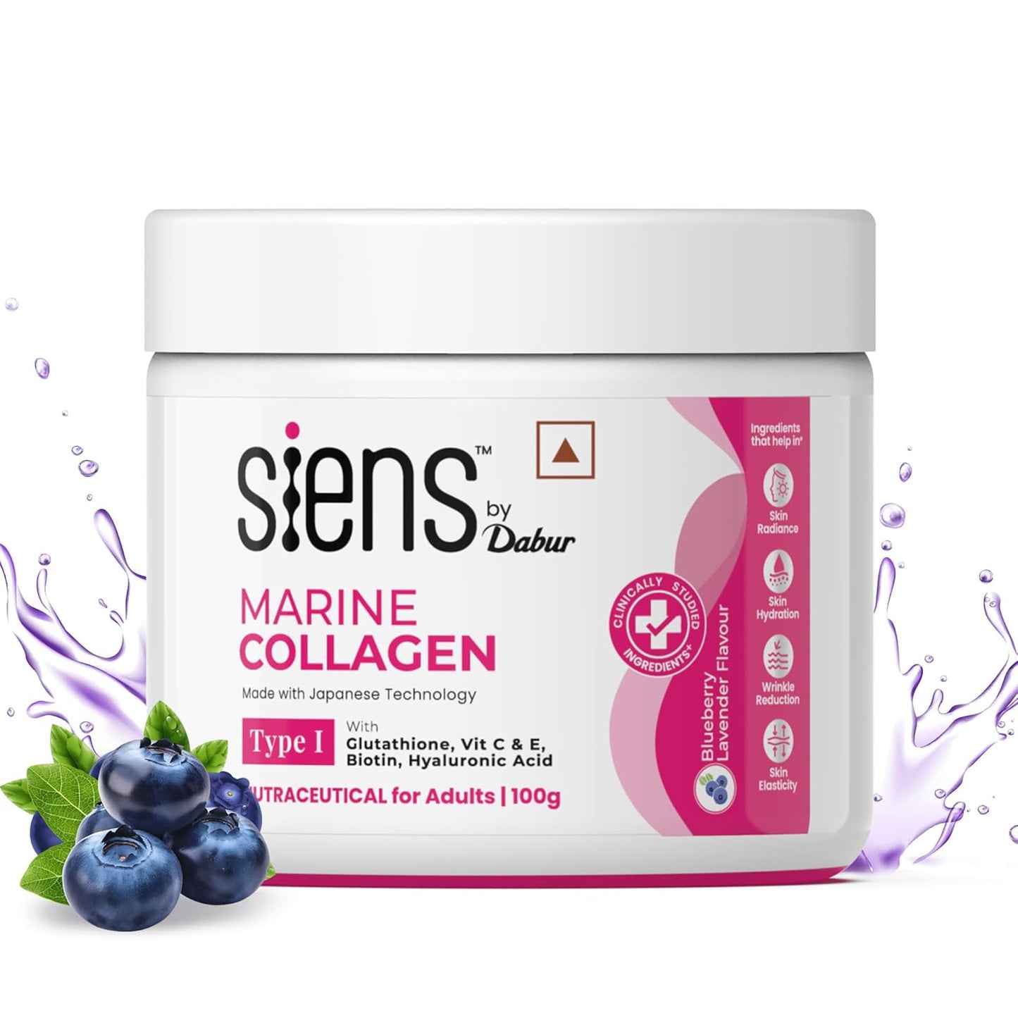 Siens By Dabur Hydrolyzed Marine Collagen-100g | Made with Japanese technology | Supplement for Women | For Skin Radiance & Hydration | Blueberry Lavender Flavour, Powder