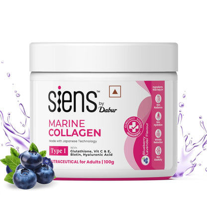 Siens By Dabur Hydrolyzed Marine Collagen-100g | Made with Japanese technology | Supplement for Women | For Skin Radiance & Hydration | Blueberry Lavender Flavour, Powder