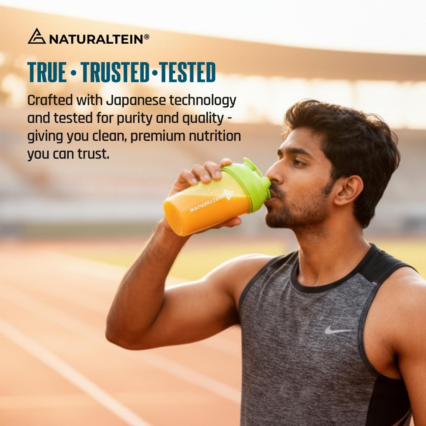 Man drinking from a colorful shaker bottle on a track, with Naturaltein branding and text.