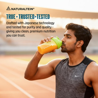 Man drinking from a colorful shaker bottle on a track, with Naturaltein branding and text.