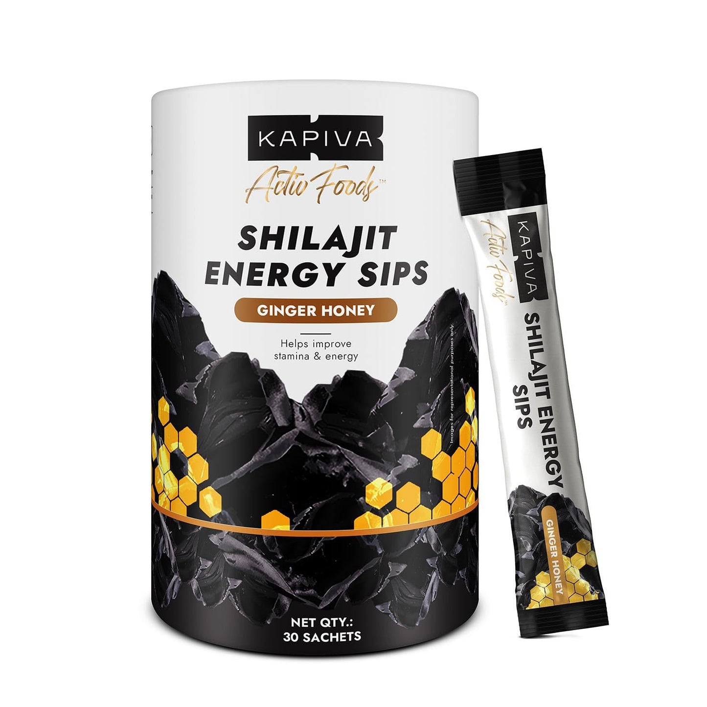 Kapiva Shilajit Energy Sips | With 100% Pure Shilajit/Shilajeet | 250mg Shilajit/Stick | Boosts Energy & Stamina | 30 Sachets | Ginger Honey Flavour