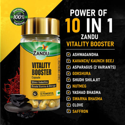 Zandu Vitality Booster Capsule, With Goodness of Ashwagandha, Safed Musli, Gokshur, Shuddha Shjilajit, Helps to Boost Energy and Strength - Pack of 60 Veg Capsules