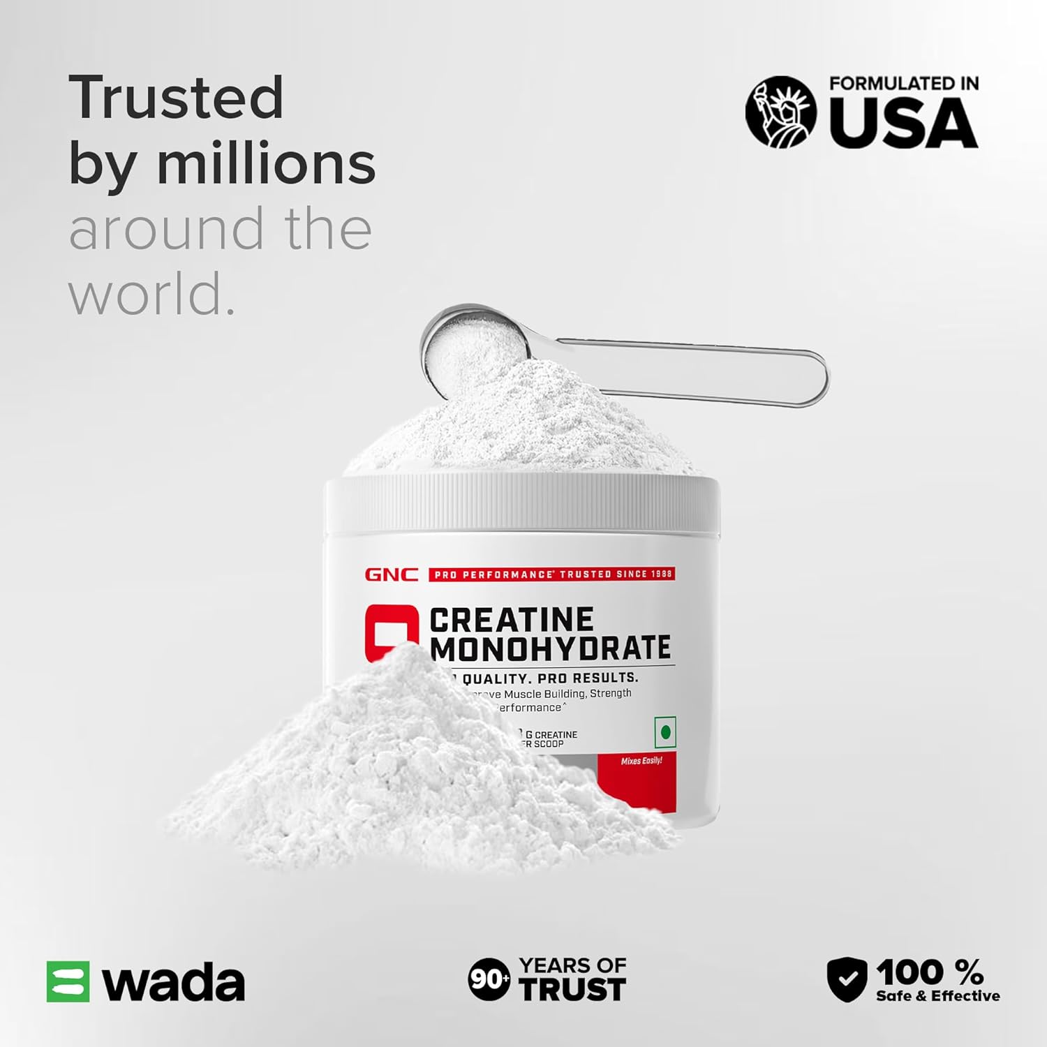 GNC Creatine Monohydrate powder with branding and certification logos on a white background